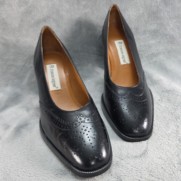 Etienne Aigner Brogue Cap-Toe Block‎ Heel Pump Black  Leather Women's Size US 8M - Picture 6 of 8